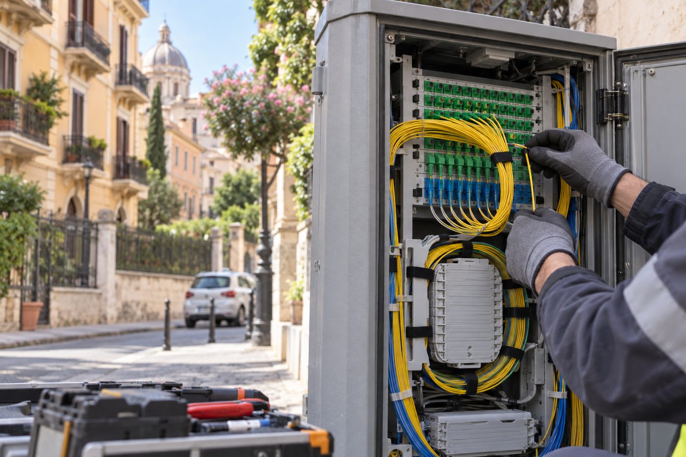 Intervento su un armadio di rete in fibra lungo la strada