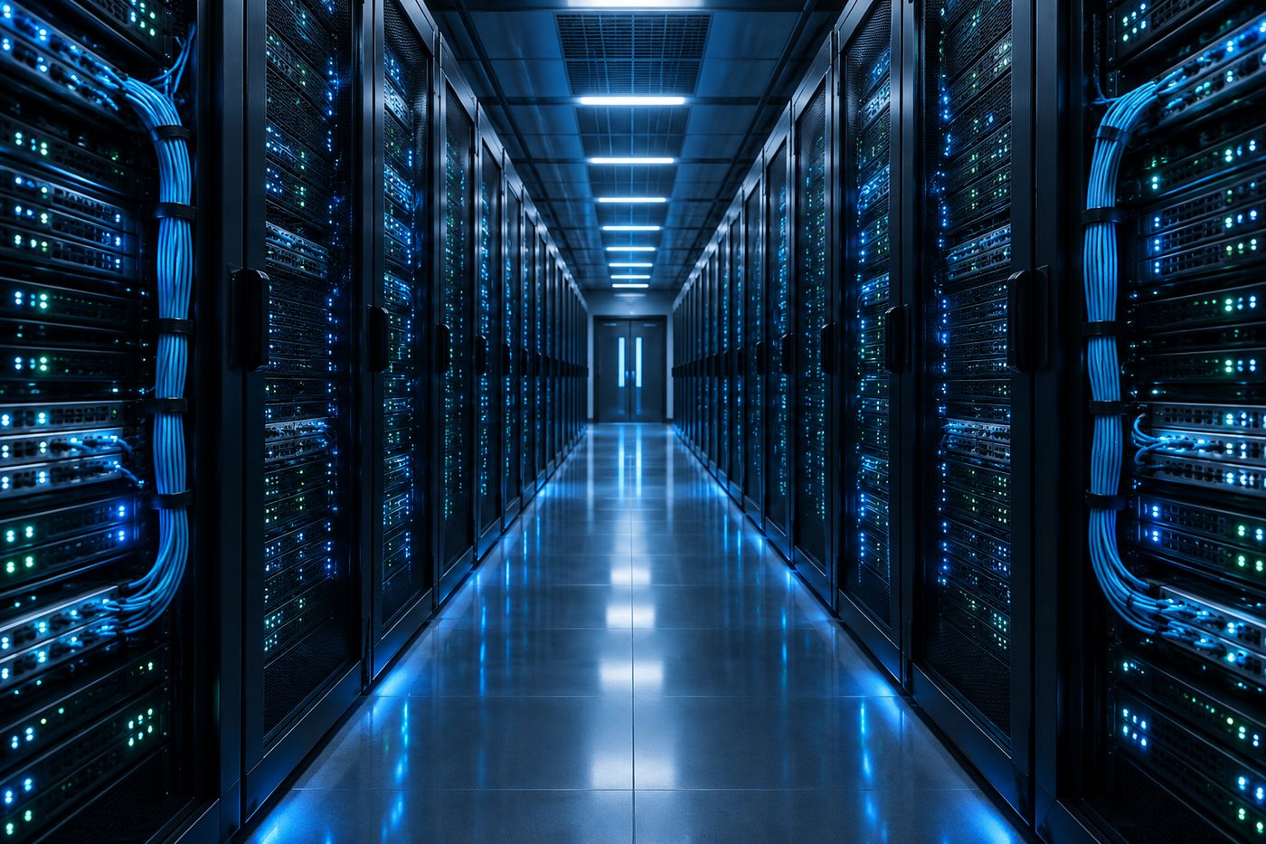 Armadi rack illuminati all interno di un data center