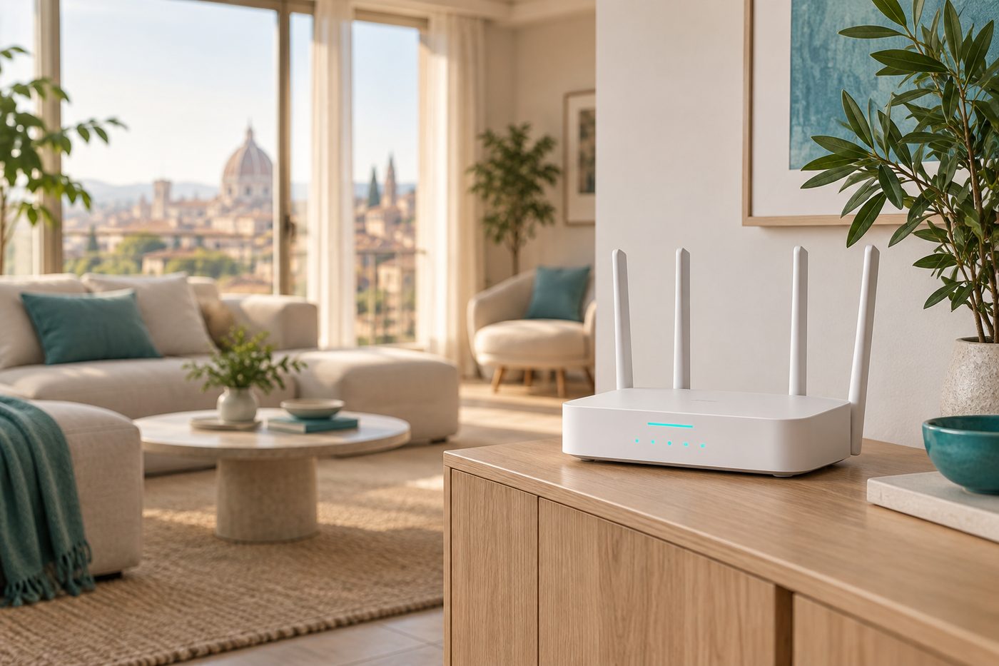 Router Wi-Fi 6 bianco acceso nel soggiorno di una casa