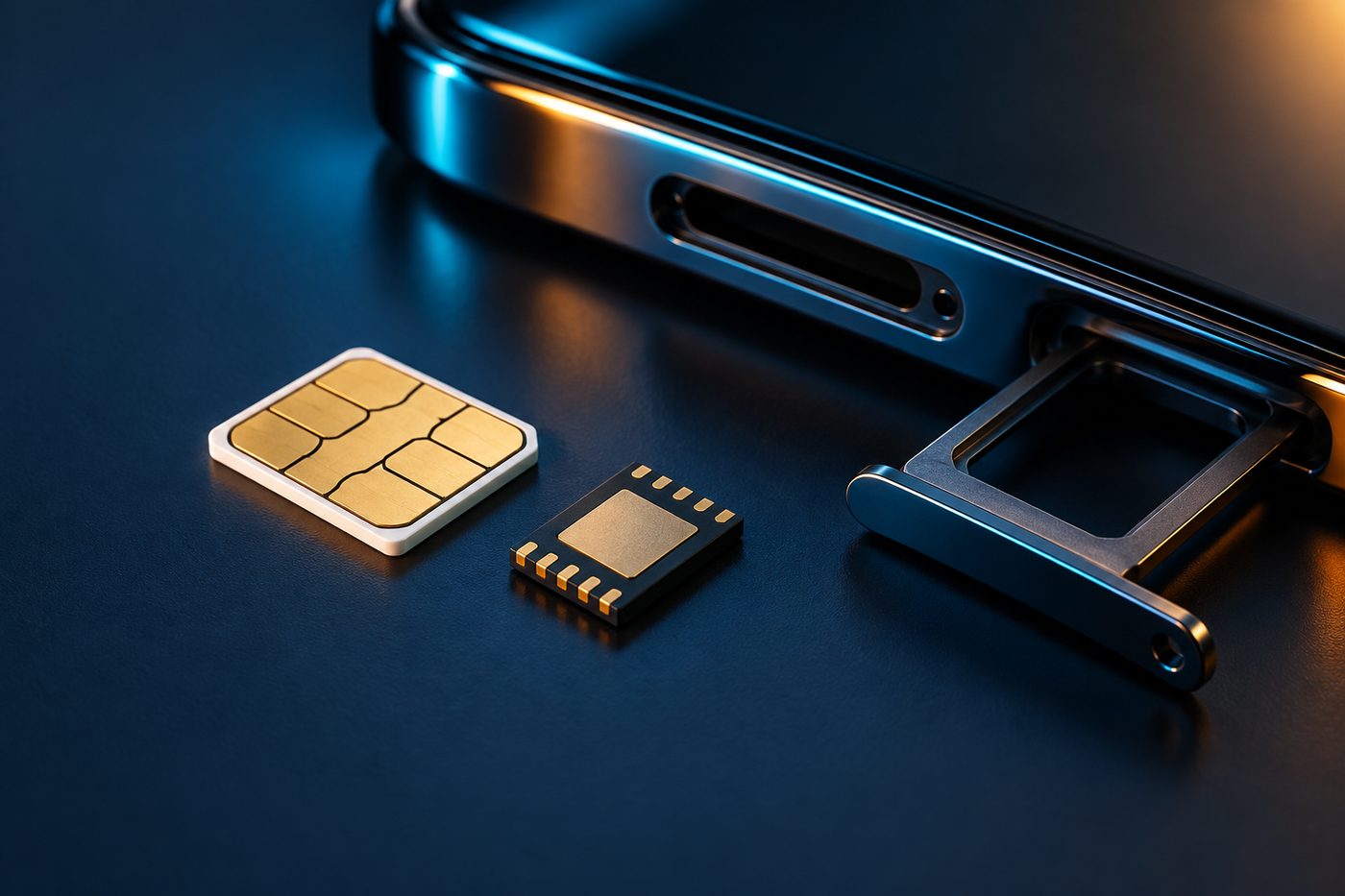 Primo piano di una SIM card su fondo blu scuro