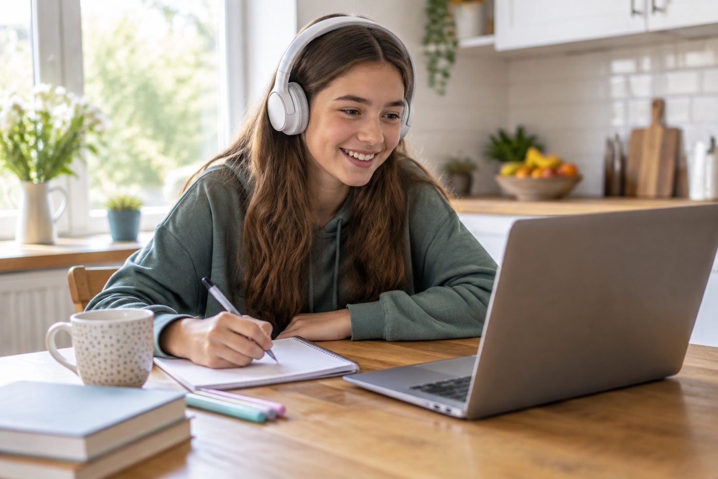 Studentessa che segue una videolezione al computer